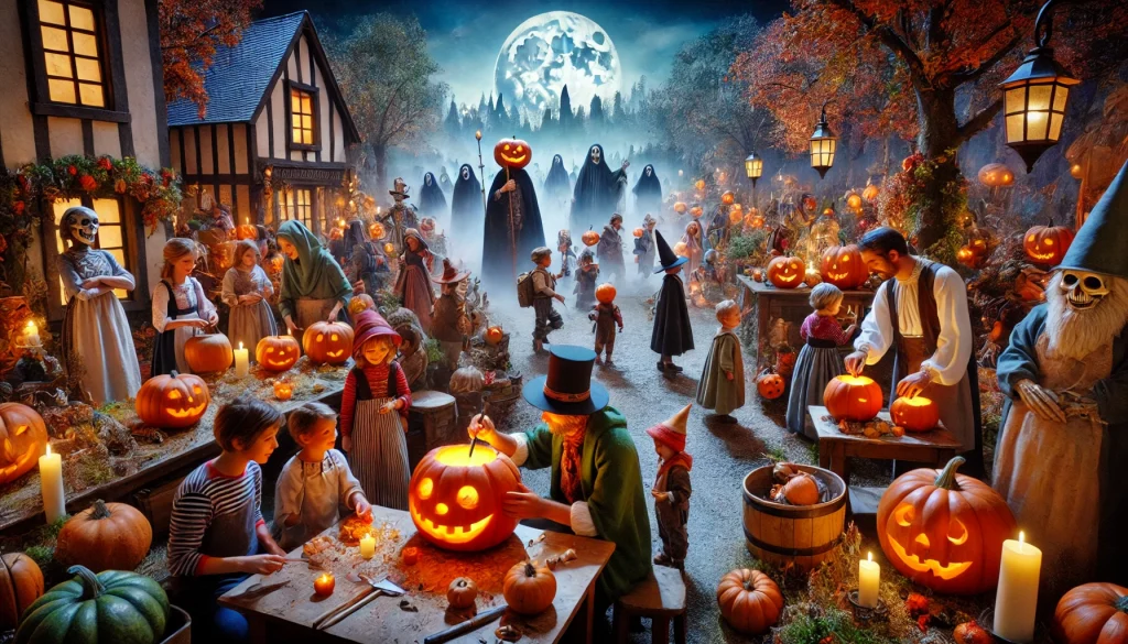 Image IA d'un village avec des citrouilles en mode Halloween