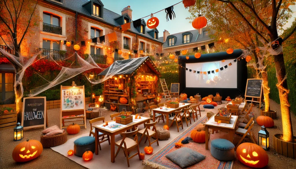 IMAGE IA d'une cour décorée pour Halloween avec des tables pour des ateliers créatifs et un écran de cinéma