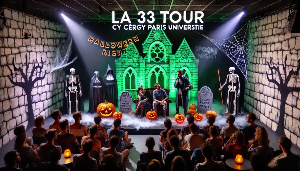 Image IA d'une salle de spectacle décorée pour Halloween dans une ambiance de stand-up